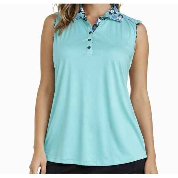 Greg Norman Collection Tops - GREG NORMAN Sleeveless Top sz L Aqua Butterfly Print Spread Collar Athletic